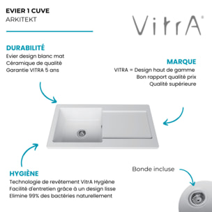 Evier 1 cuve avec égouttoir et vidage manuel Arkitekt blanc