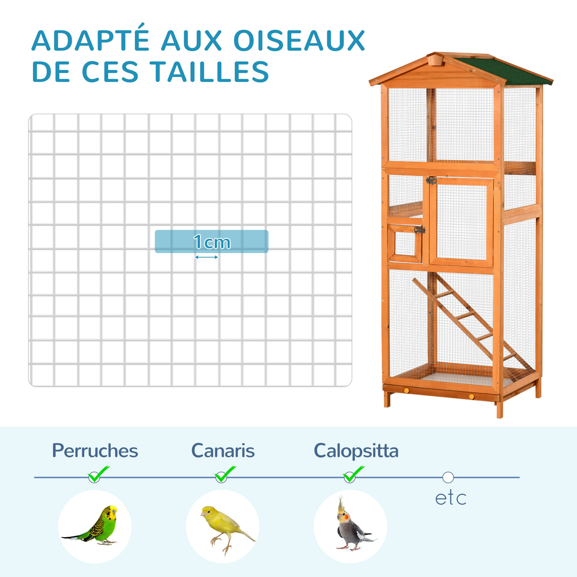 Volière cage à oiseaux - 2 portes tiroir déjection coulissant échelle toit bitumé - bois sapin pré-huilé