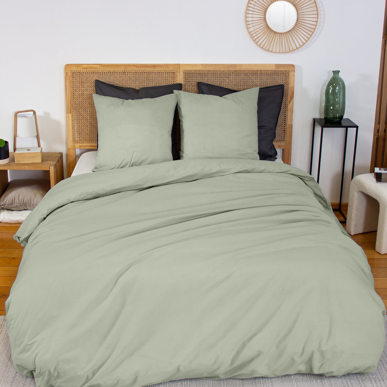 Drap housse percale de coton 65 fils uni - vert sauge