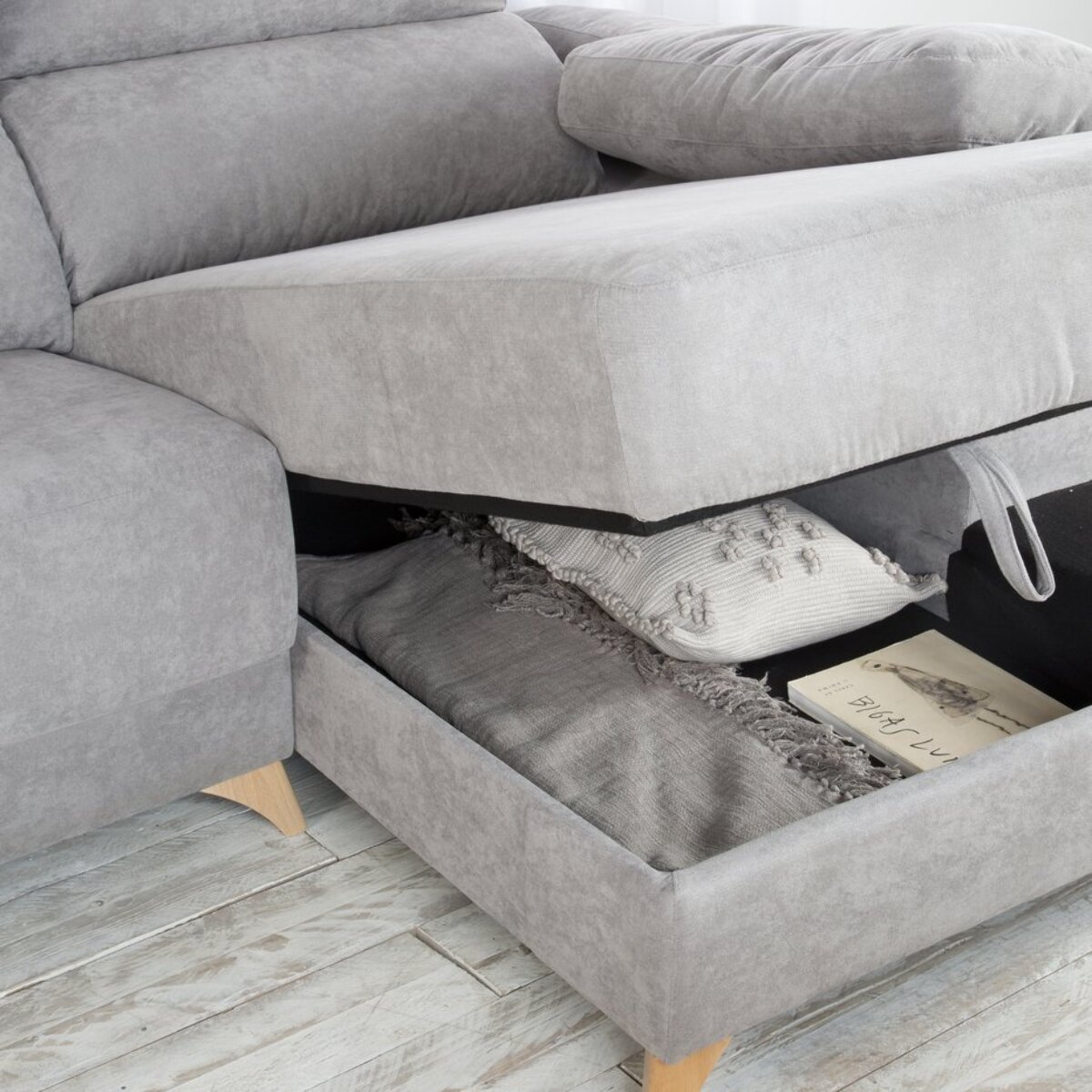 Canapé d'angle Dandy -textile, mousse pu, bois et panneau de particules-couleur gris 295 x 103 x 170 cm