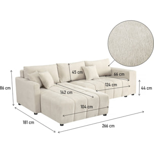Canapé d'angle convertible tissu chenille 3 places - "Trocadero" - Crème
