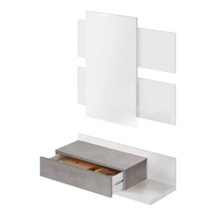 Mobile da ingresso Erie, Entratina sospesa con specchio, Mobile con cassetto per entrata, cm 75x29h90, Bianco e Cemento