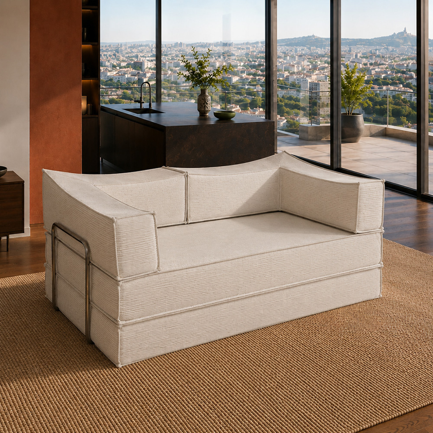 Canapé compressé convertible 2-3 places en velours côtelé beige BOFFA