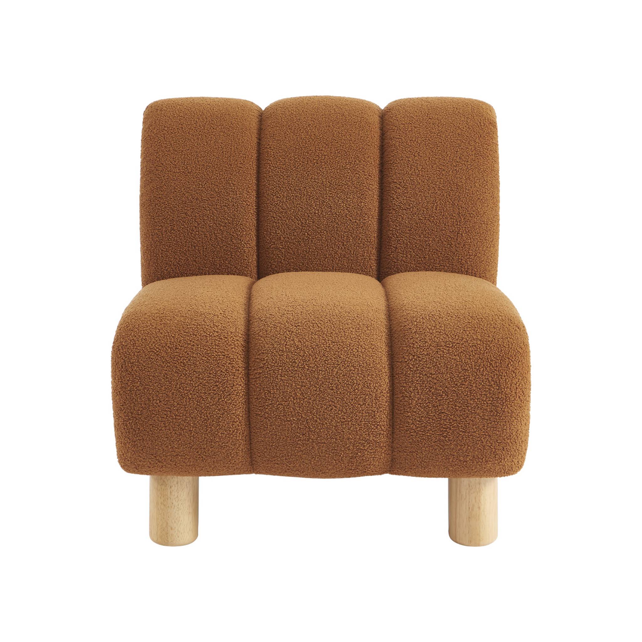 Fauteuil relax pieds arrondis en bois et tissu bouclette camel