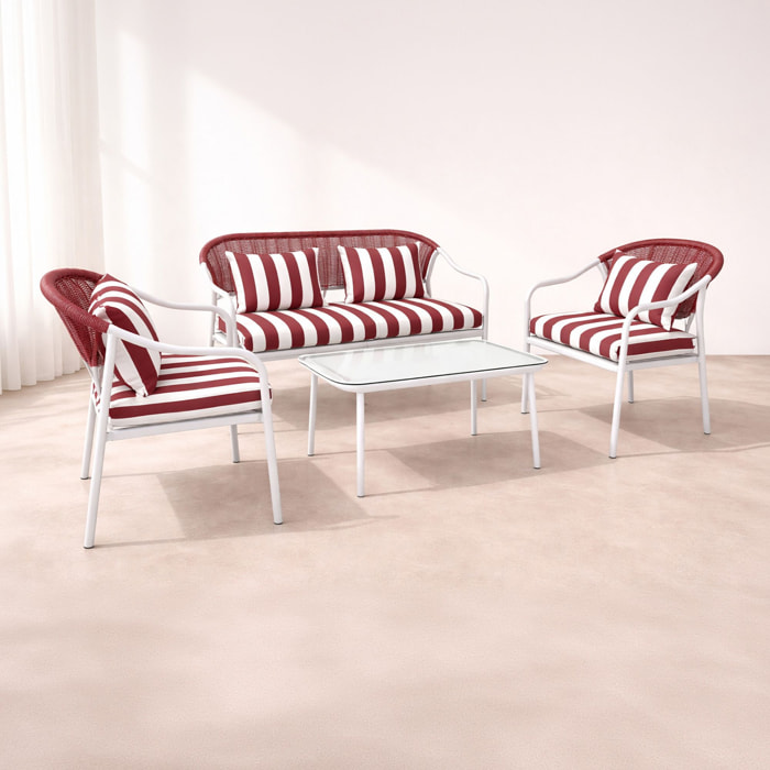 Salon de jardin 4 places en métal et coussin en tissu coquelicot POSITANO