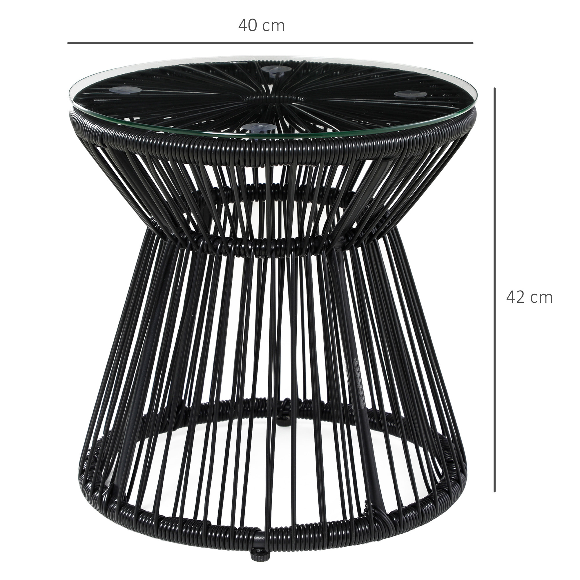 Mesa de Jardín de Ratán Sintético Mesa de Centro Redonda con Tablero de Vidrio Templado y Marco de Metal Carga 30 kg para Patio Jardín Balcón Ø40x42 cm Negro