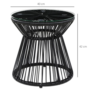 Mesa de Jardín de Ratán Sintético Mesa de Centro Redonda con Tablero de Vidrio Templado y Marco de Metal Carga 30 kg para Patio Jardín Balcón Ø40x42 cm Negro