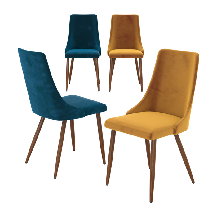 Pack 4 chaises Vinni en velours bleu et jaune