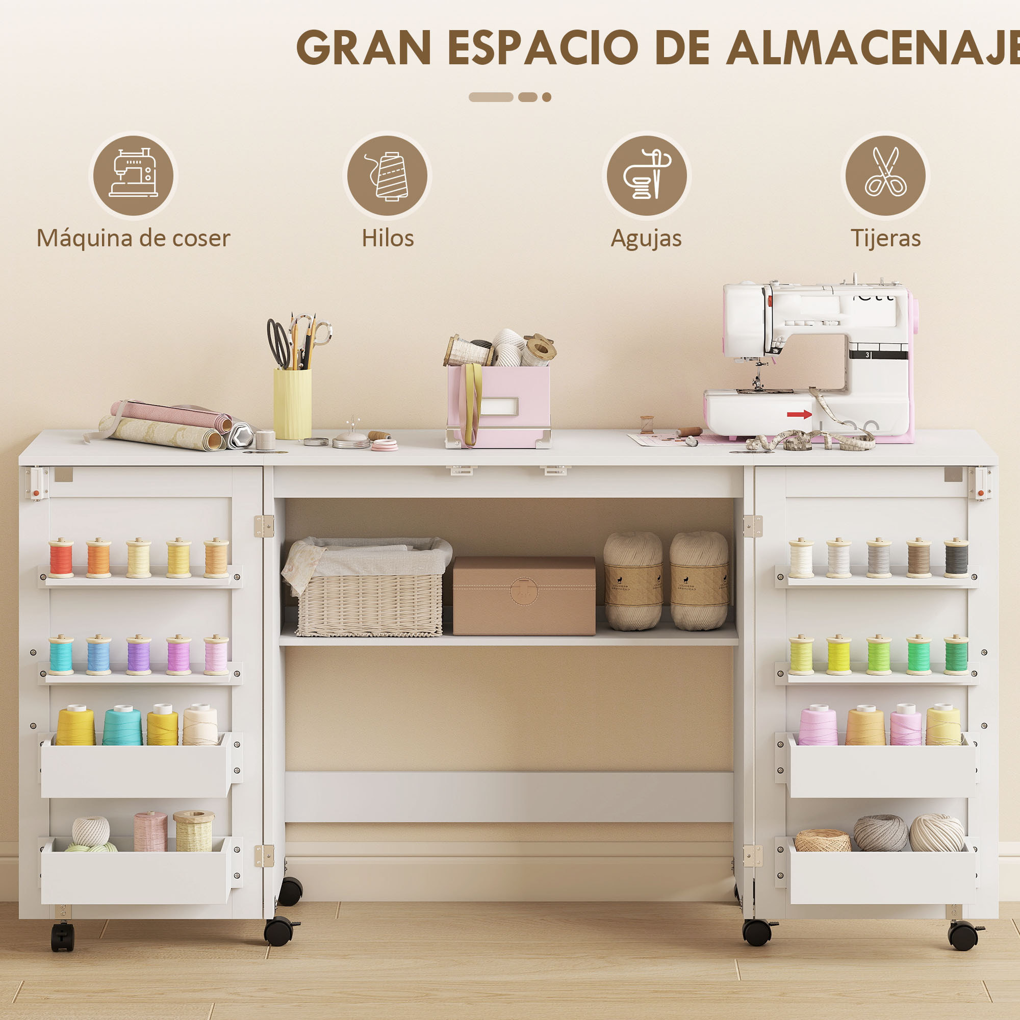 Mesa de Costura Plegable con 6 Ruedas, Mueble para Máquina de Coser con 20 Clavijas para Hilos, 4 Compartimentos, Estante, Armario de Costura para Estudio, Salón, Dormitorio, Blanco