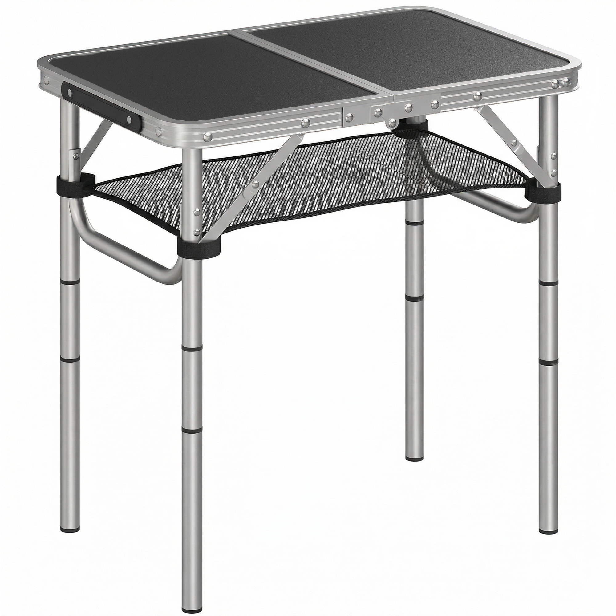 Table de camping pliable réglable alu noir avec rangement filet