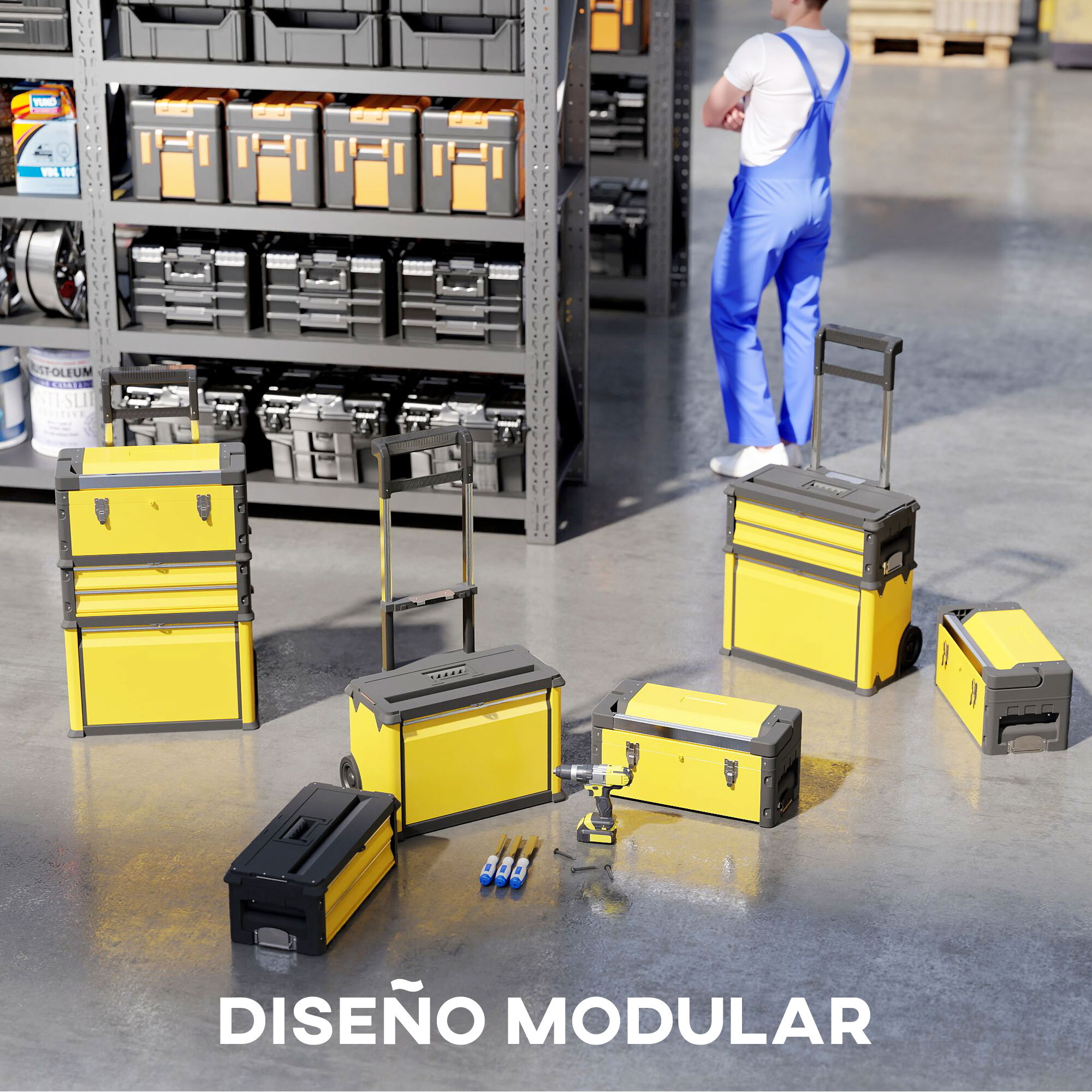 Tallar Móvil Apilable 3 en 1 Caja de Herramientas con Ruedas Carro de Herramientas de Acero con Bandeja Mango Telescópico Amarillo y Negro