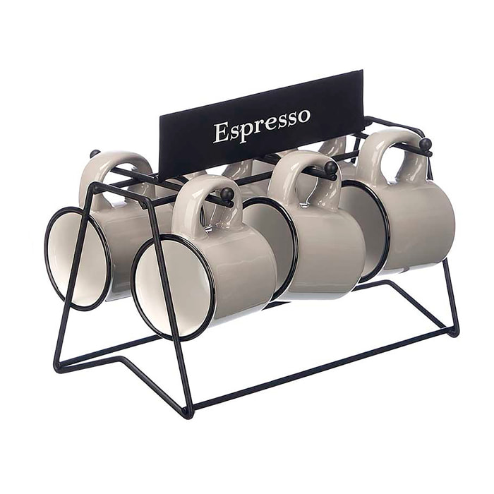 Set de 6 tazas grises para café de porcelana con soporte de metal. 100 ml de capacidad.