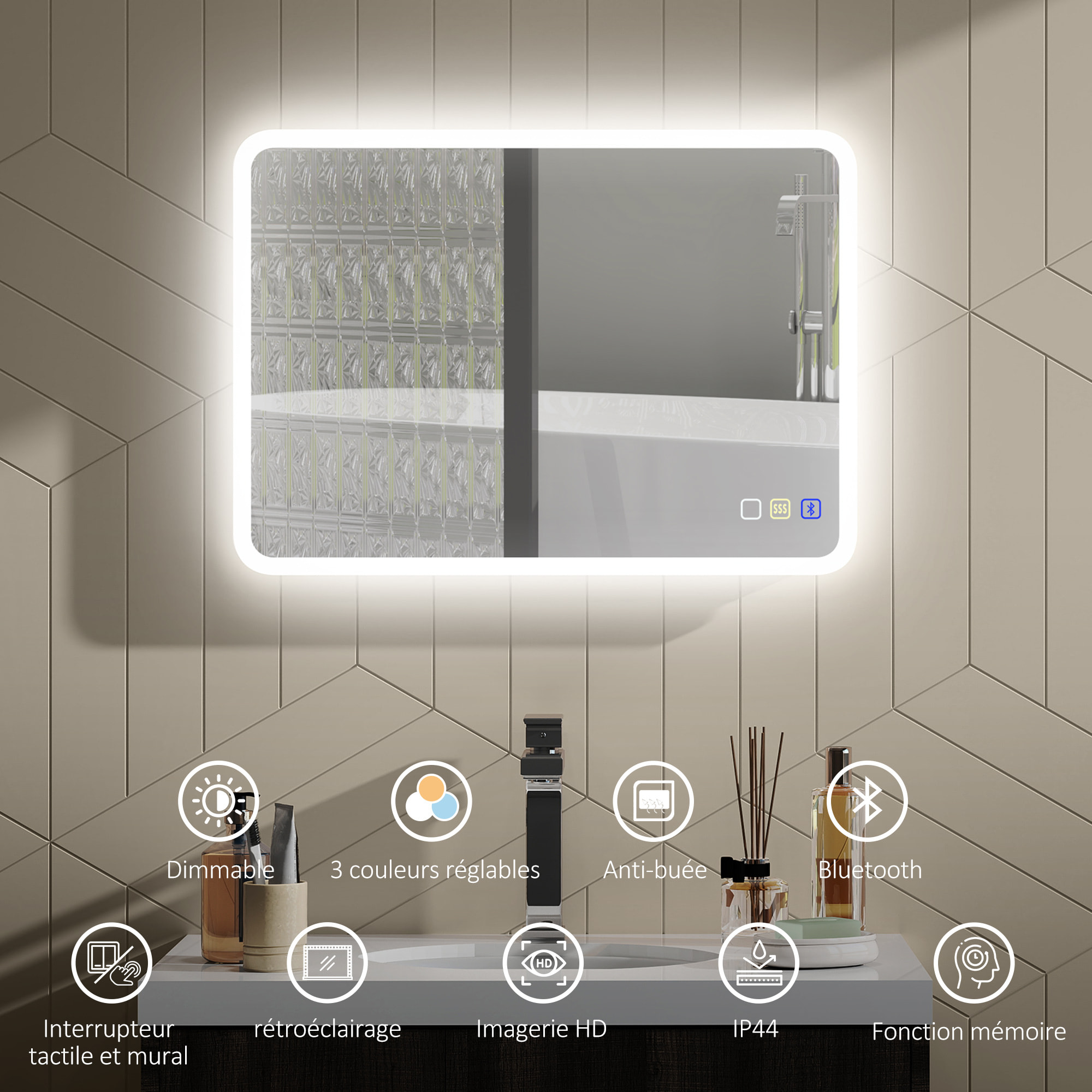Miroir lumineux LED salle de bain 50 x 70 cm bluetooth interrupteur tactile lumière réglable 3 couleurs fonction anti-buée et mémoire