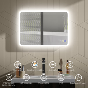 Miroir lumineux LED salle de bain 50 x 70 cm bluetooth interrupteur tactile lumière réglable 3 couleurs fonction anti-buée et mémoire
