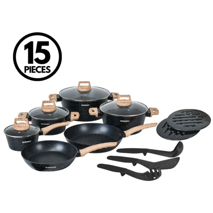 Batterie de cuisine 15 pièces avec revêtement en granit et manche en bois Noir Herzberg HGWDMRB15-BLK
