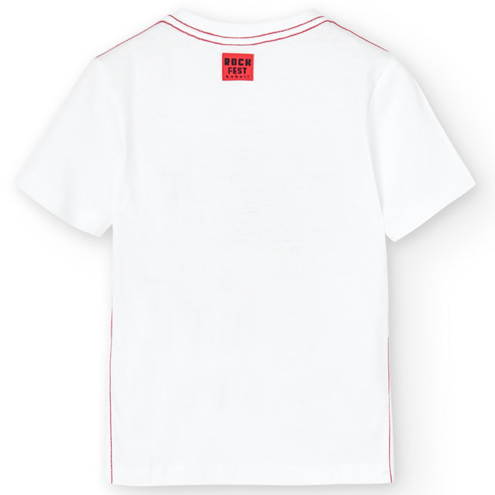 Camiseta en blanco con cuello redondo y dibujo frontal