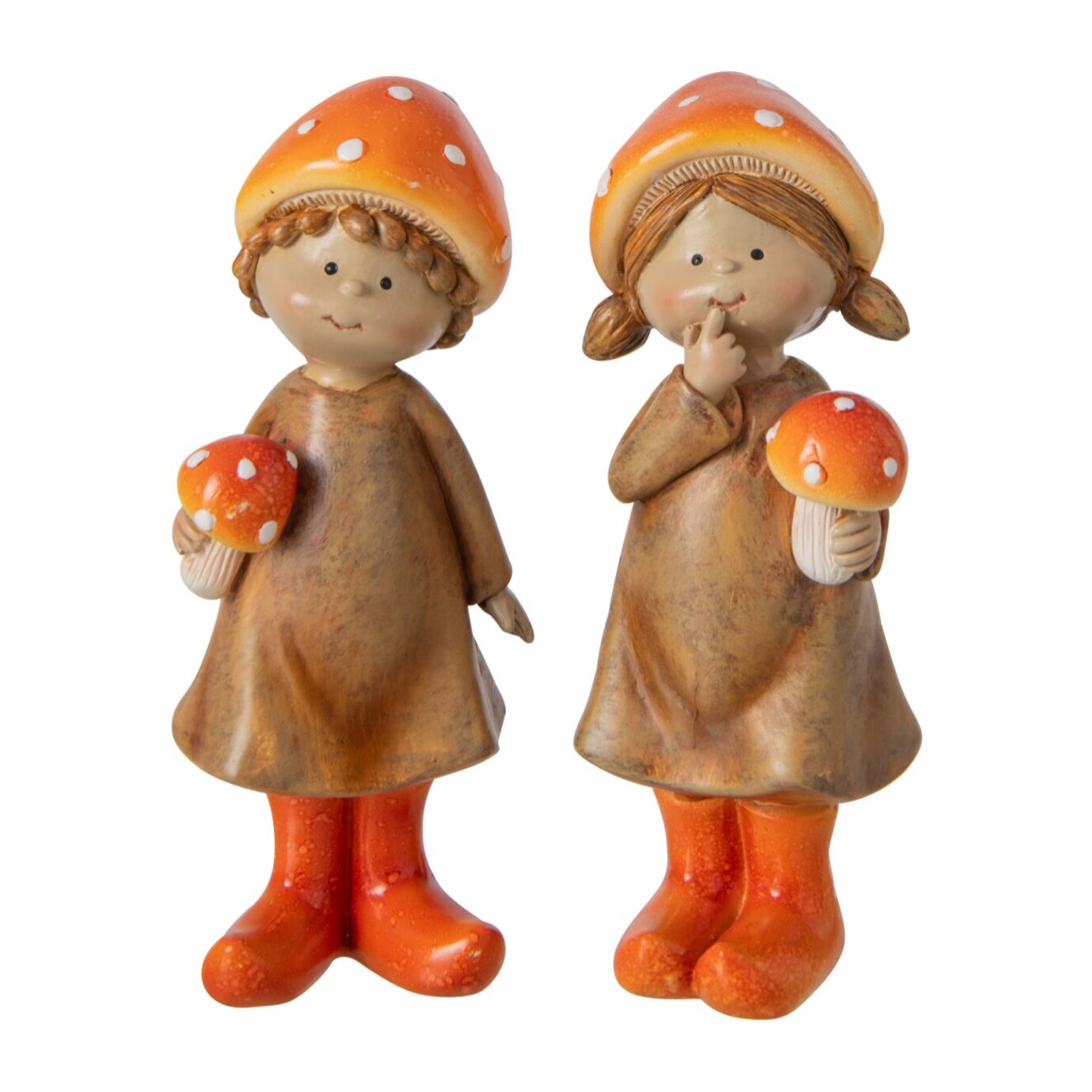 J-Line Garçon et fille champignon - polyrésine - beige/orange - small - assortiment de 2