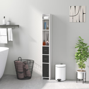 Columna de Baño Mueble de Baño con 3 Puertas 3 Estantes Abiertos y Sistema Antivuelco Armario de Baño Estilo Moderno 15x17x120 cm Blanco y Negro