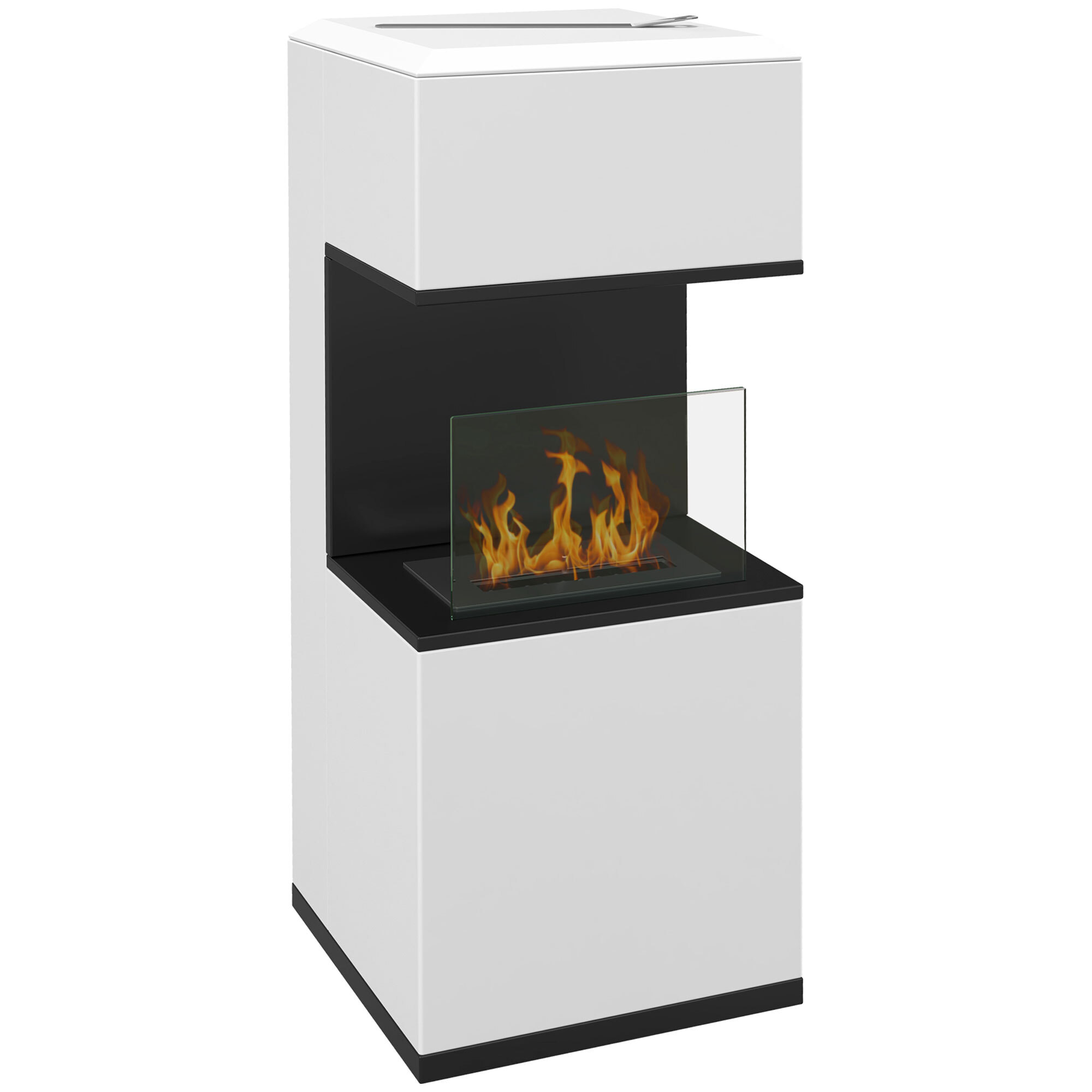 Cheminée bioéthanol design - brûleur 1,2L - contrôle de flamme, manche inclus - verre trempé acier blanc noir