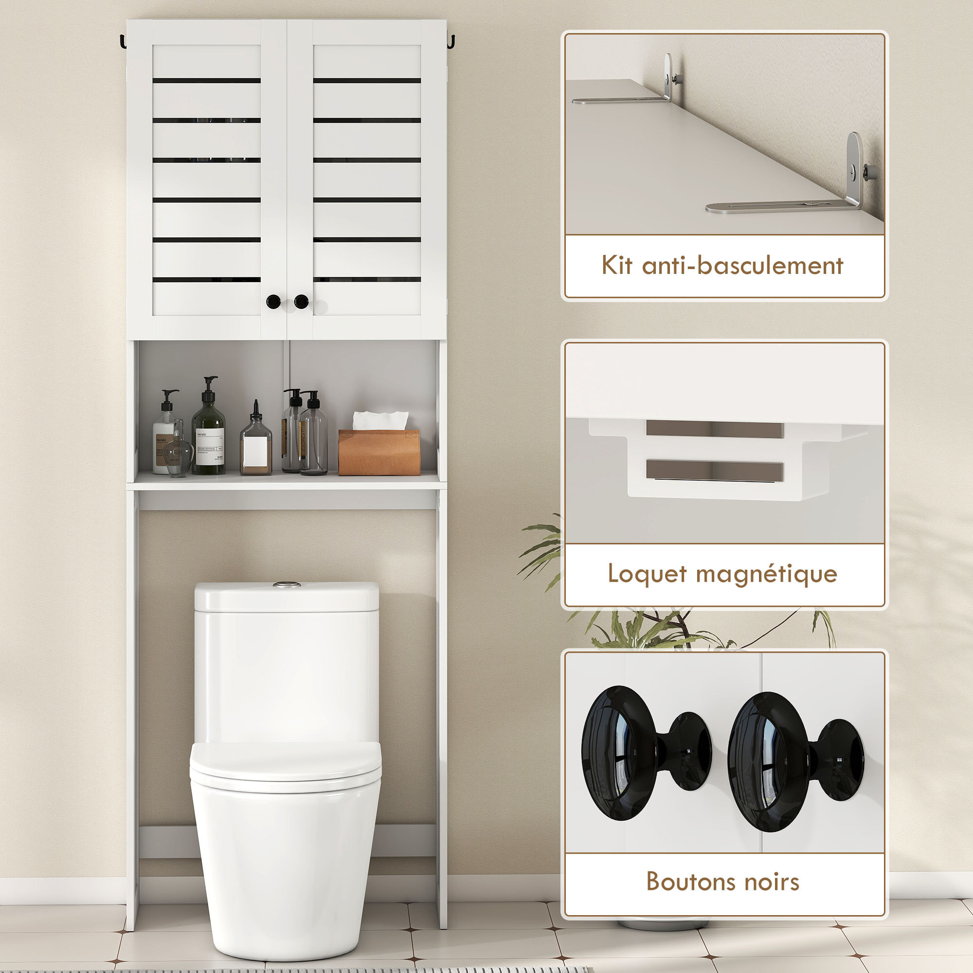 Meuble WC meuble dessus toilettes style classique chic 2 portes étagère niche blanc