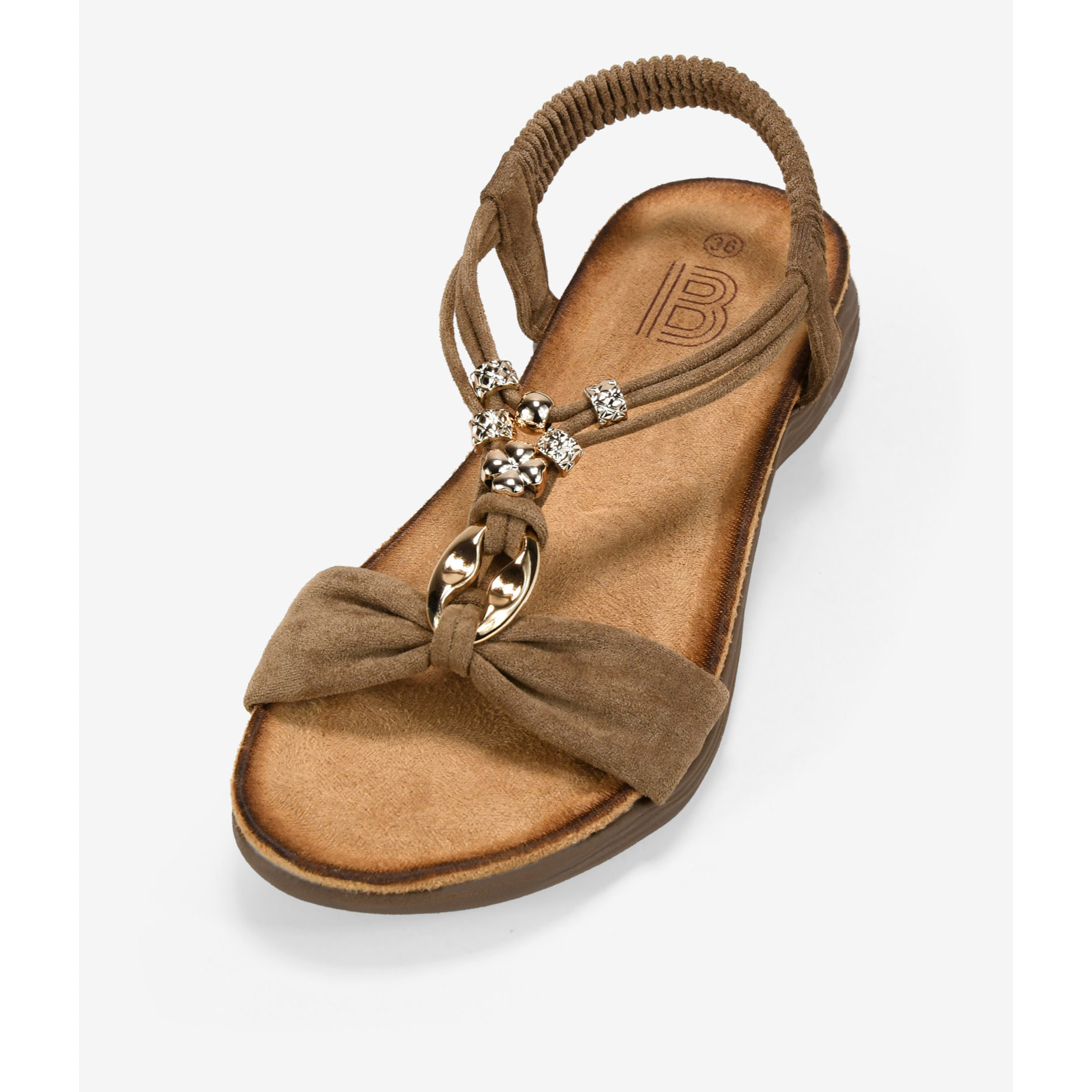 Sandalias elásticas taupe con apliques metálicos