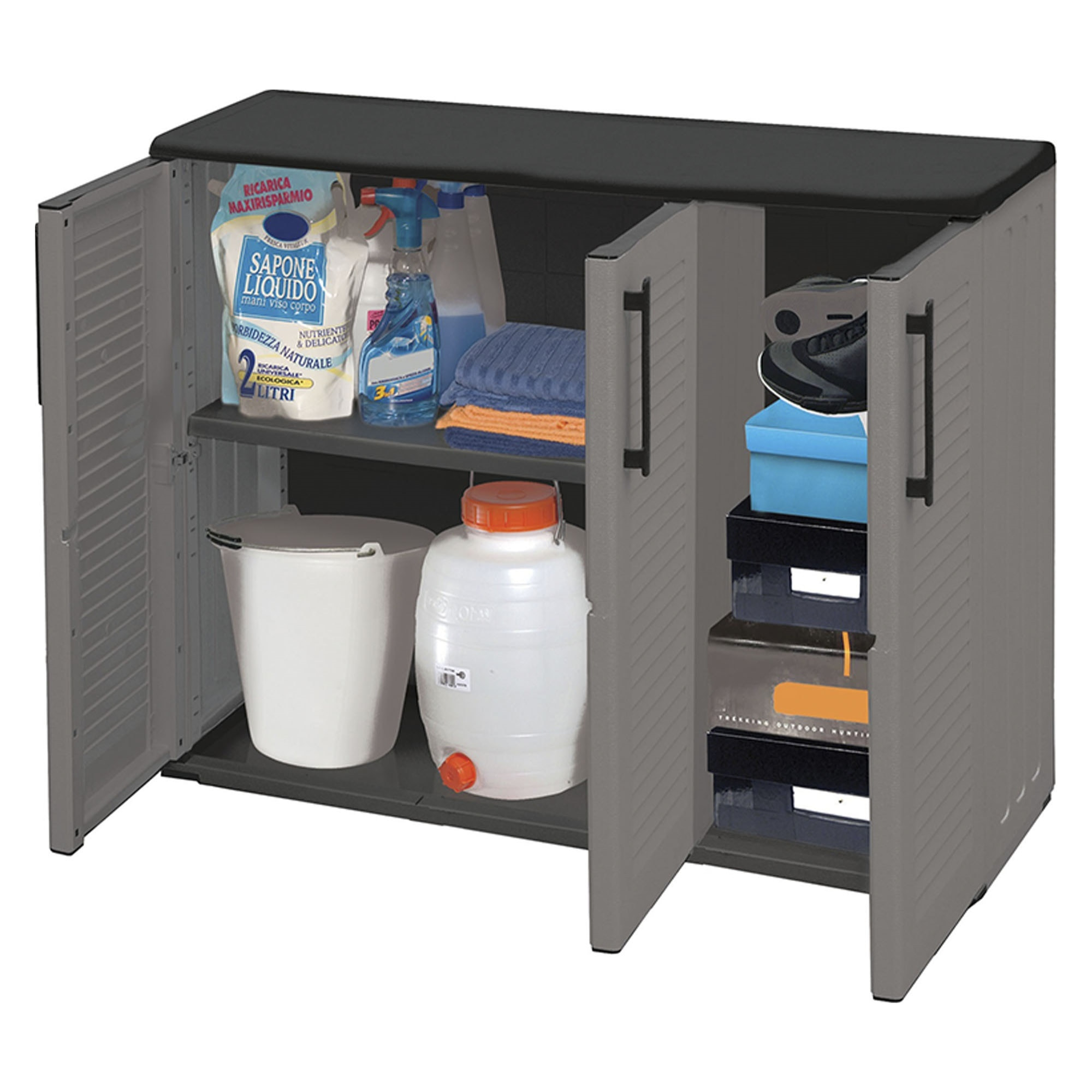 Armario de mediana altura en polipropileno, material reciclable y ecológico sostenible, está equipado con bisagras de acero y estantes ajustables, dim