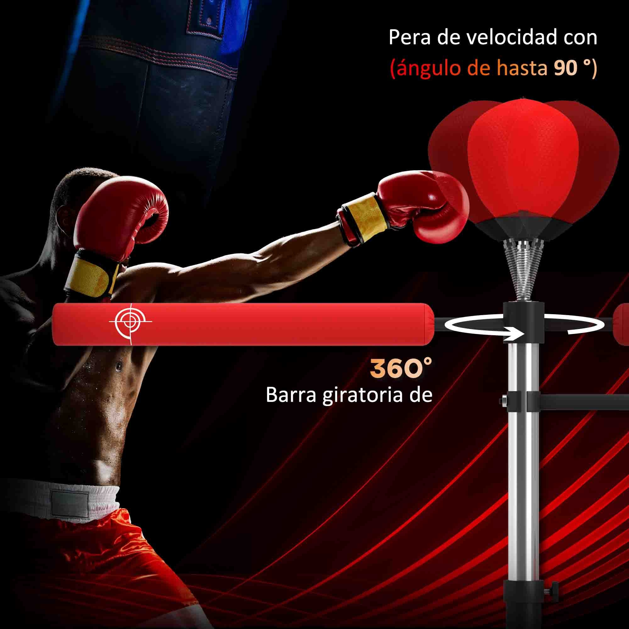 Saco de Boxeo de Pie, 160-230 cm, Saco de Boxeo con Barra Giratoria de 360°, 2 Bolas de Velocidad y Base Rellenable, Punching Ball para Adultos y Niños, Entrenamiento MMA, Muay Thai, Rojo