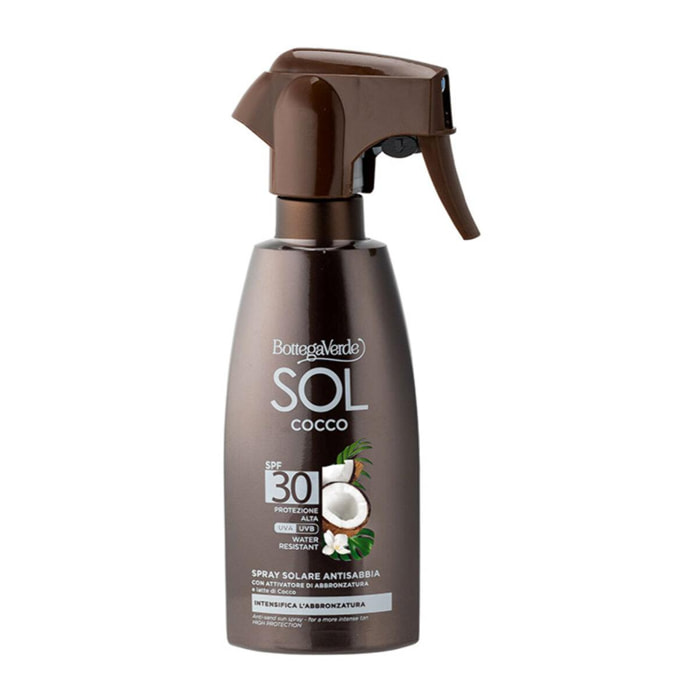 SOL Cocco - Spray solare - antisabbia, intensifica l'abbronzatura - con attivatore di abbronzatura e latte di Cocco - water resistant - protezione alta SPF 30