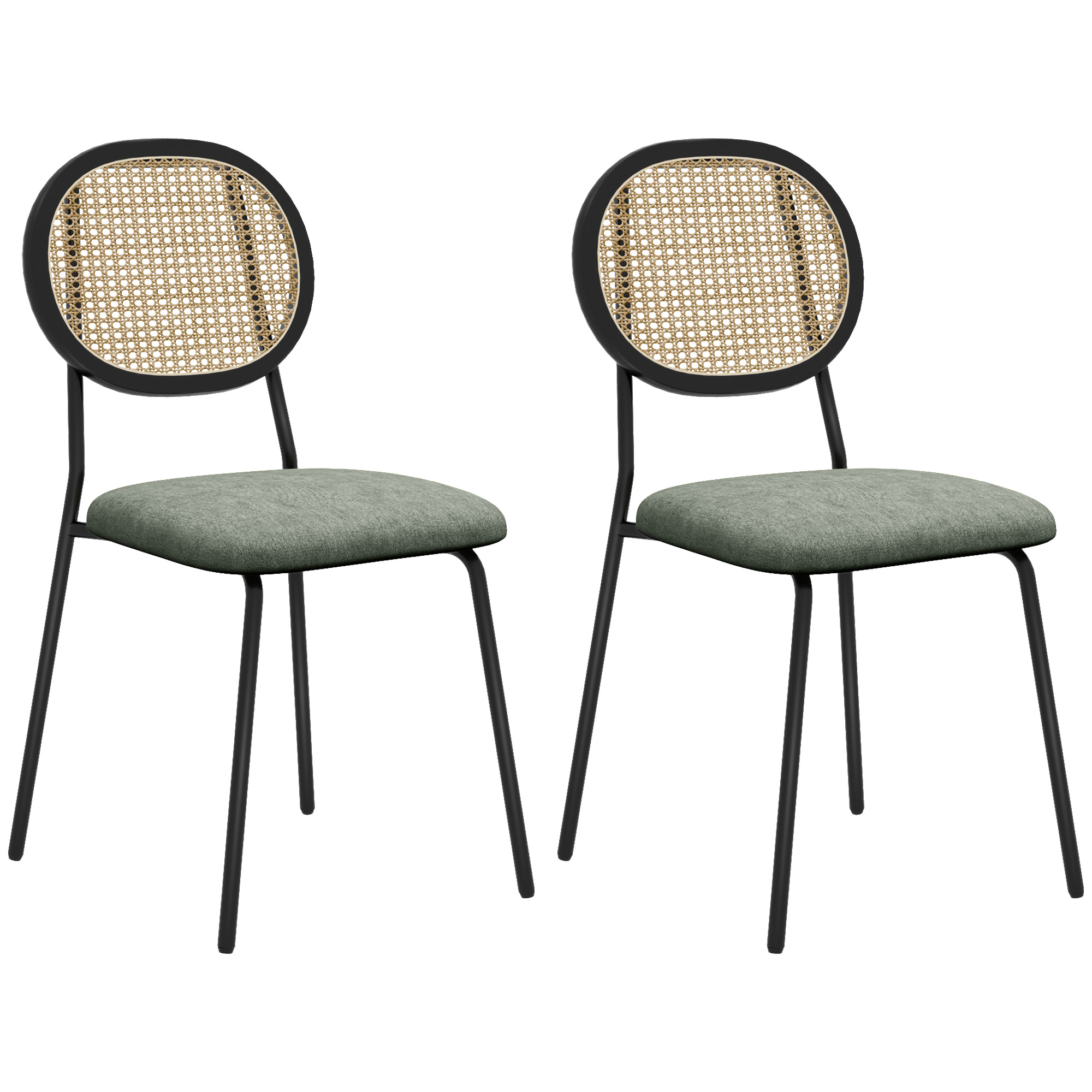 HOMCOM Pack de 2 Sillas de Comedor Sillas de Cocina con Respaldo de Ratán Sintético y Marco de Acero para Salón 44x54x87 cm Verde Oscuro y Negro