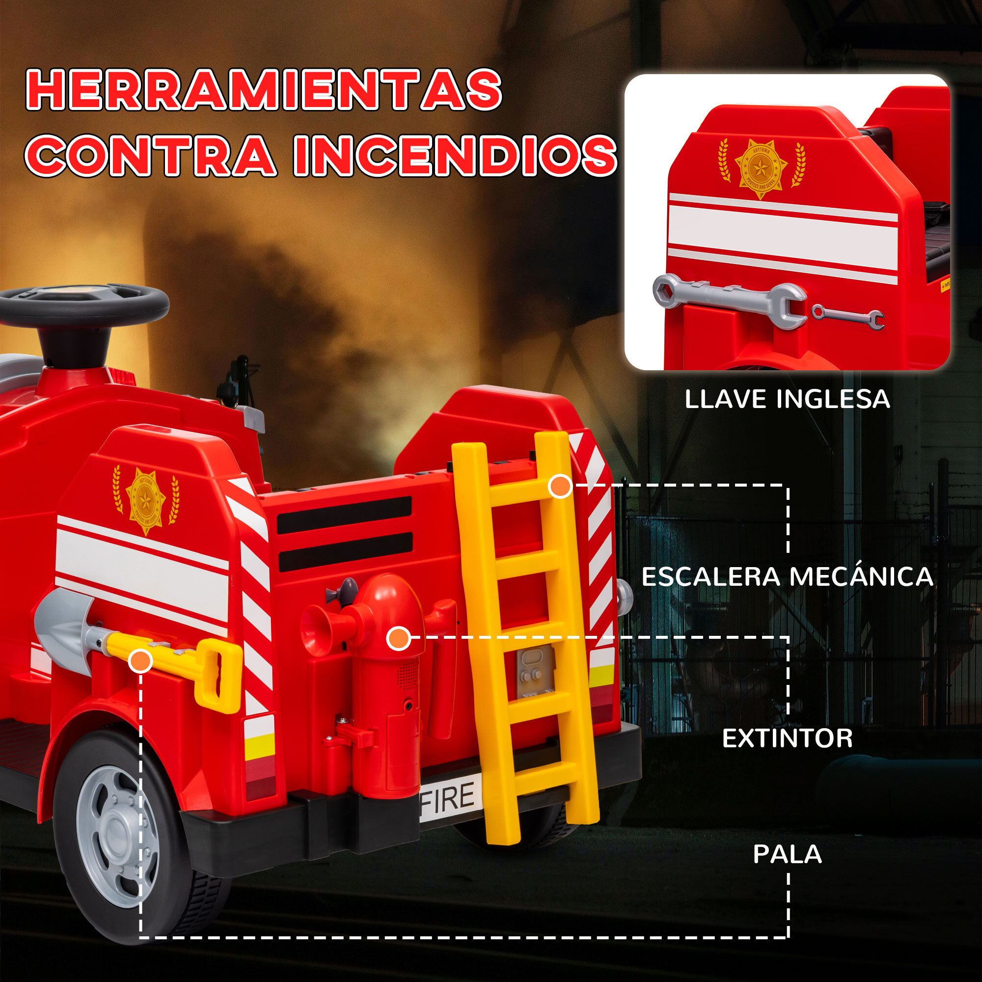 Coche Eléctrico para Niños de +3 Años Carro Eléctrico Infantil Camión de Bomberos para Niños con Batería 12V Sirena Faros Bocina Música y Herramientas de Bombero Rojo