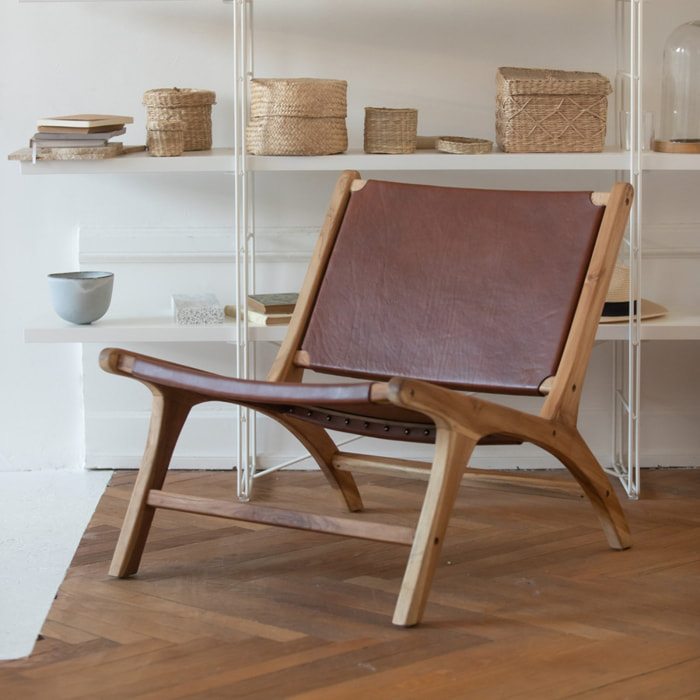 Fauteuil  en teck et cuir lisse marron - Kuna