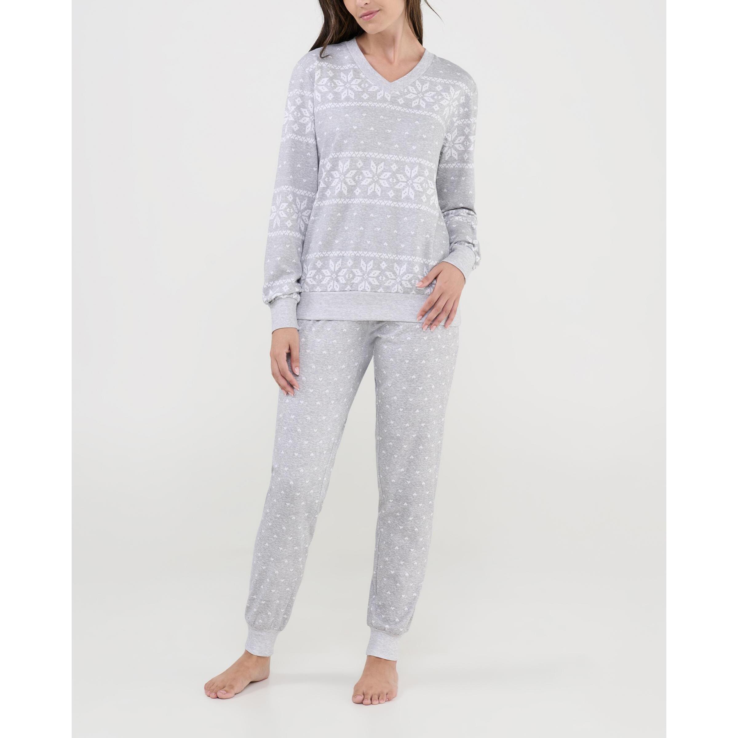 Pijama mujer estampado en estrellas de nieve, cuello pico, manga larga con puños y pantalón largo con puños