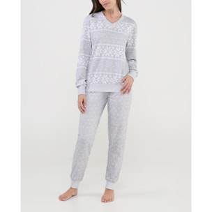 Pijama mujer estampado en estrellas de nieve, cuello pico, manga larga con puños y pantalón largo con puños