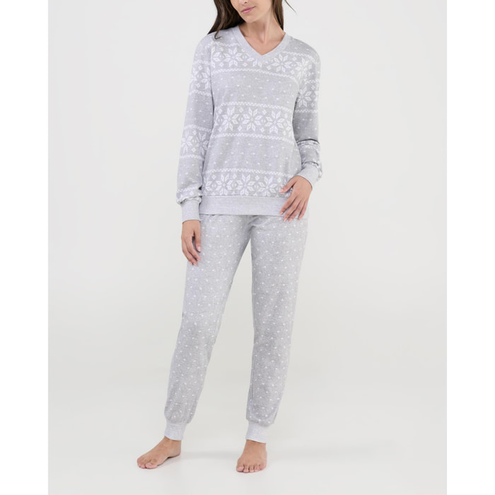 Pijama mujer estampado en estrellas de nieve, cuello pico, manga larga con puños y pantalón largo con puños
