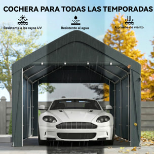 Carpa Garaje Portátil 3x6 m, Garaje Exterior para Coche Impermeable con Paredes Laterales Desmontables, Anti-UV, 2 Puertas Enrollables, Cobertizo para Herramientas de Jardín, Gris Oscuro