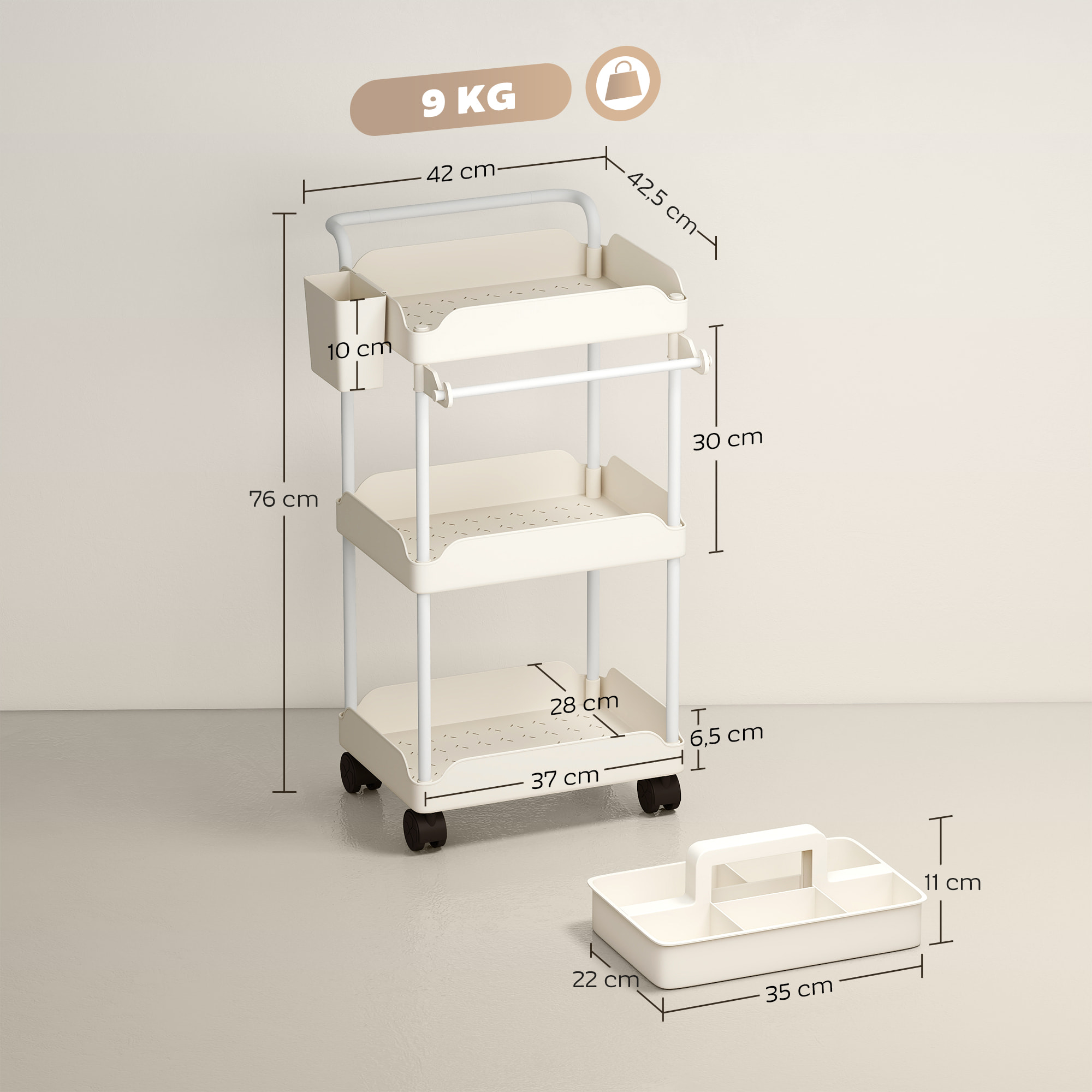 Carrito Auxiliar con Ruedas de 3 Niveles, Carrito de Cocina con Cestas Extraíbles, Ruedas con Freno, Soporte para Toallas y Marco de Metal, Carro de Servicio para Comedor, Salón, Baño, Blanco