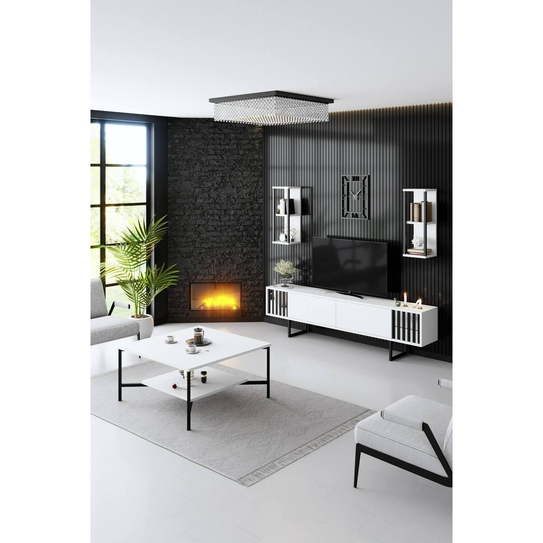 Mobile porta TV Dfantin, Credenza da soggiorno, Armadio basso per TV, Base parete attrezzata, 180x30h48 cm, Bianco e Nero