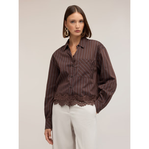 Motivi - Camicia in popeline a righe con pizzo - Marrone