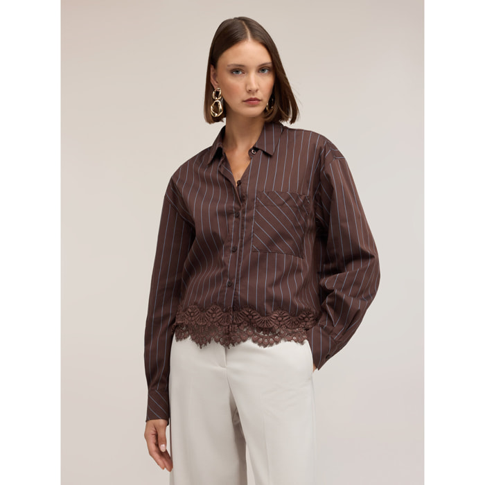 Motivi - Camicia in popeline a righe con pizzo - Marrone