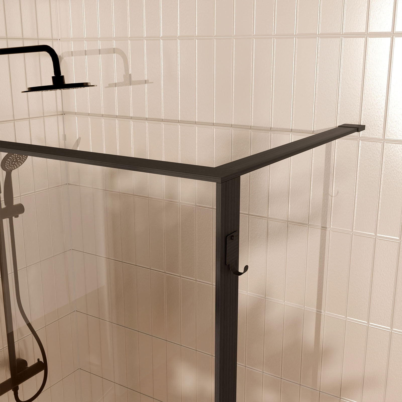 Paroi de douche 100x200cm - Cadre et étagère noir mat - Verre 8mm anticalcaire - ETHAN