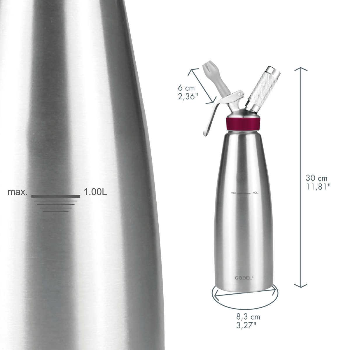 Siphon professionnel inox GOBEL - cuve inox - tête inox - 1L