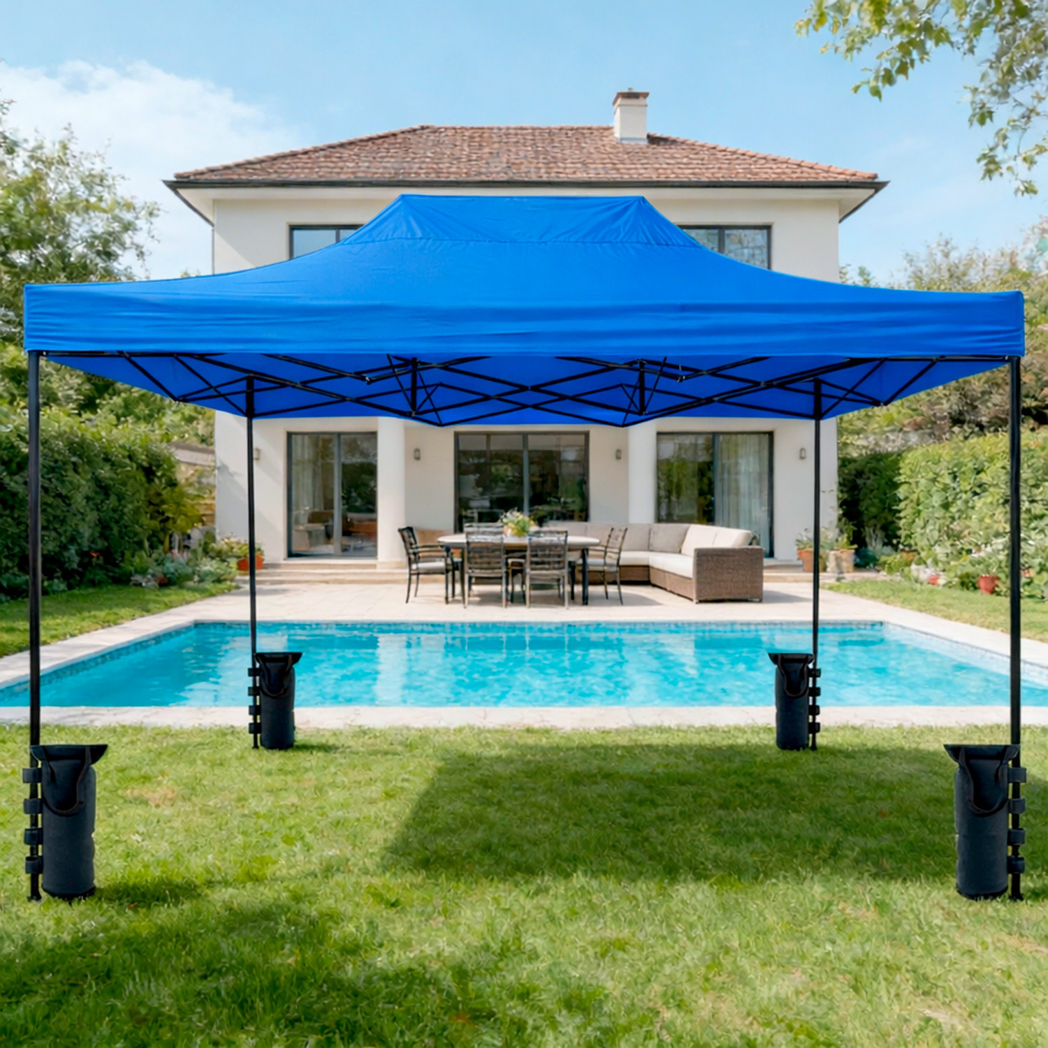 Gazebo Professionale 3x4.5 M Richiudibile Automatico In Acciaio E Telo Oxford 1200D PVC Impermeabile Anti UV Struttura a Fisarmonica con Sacche Blu