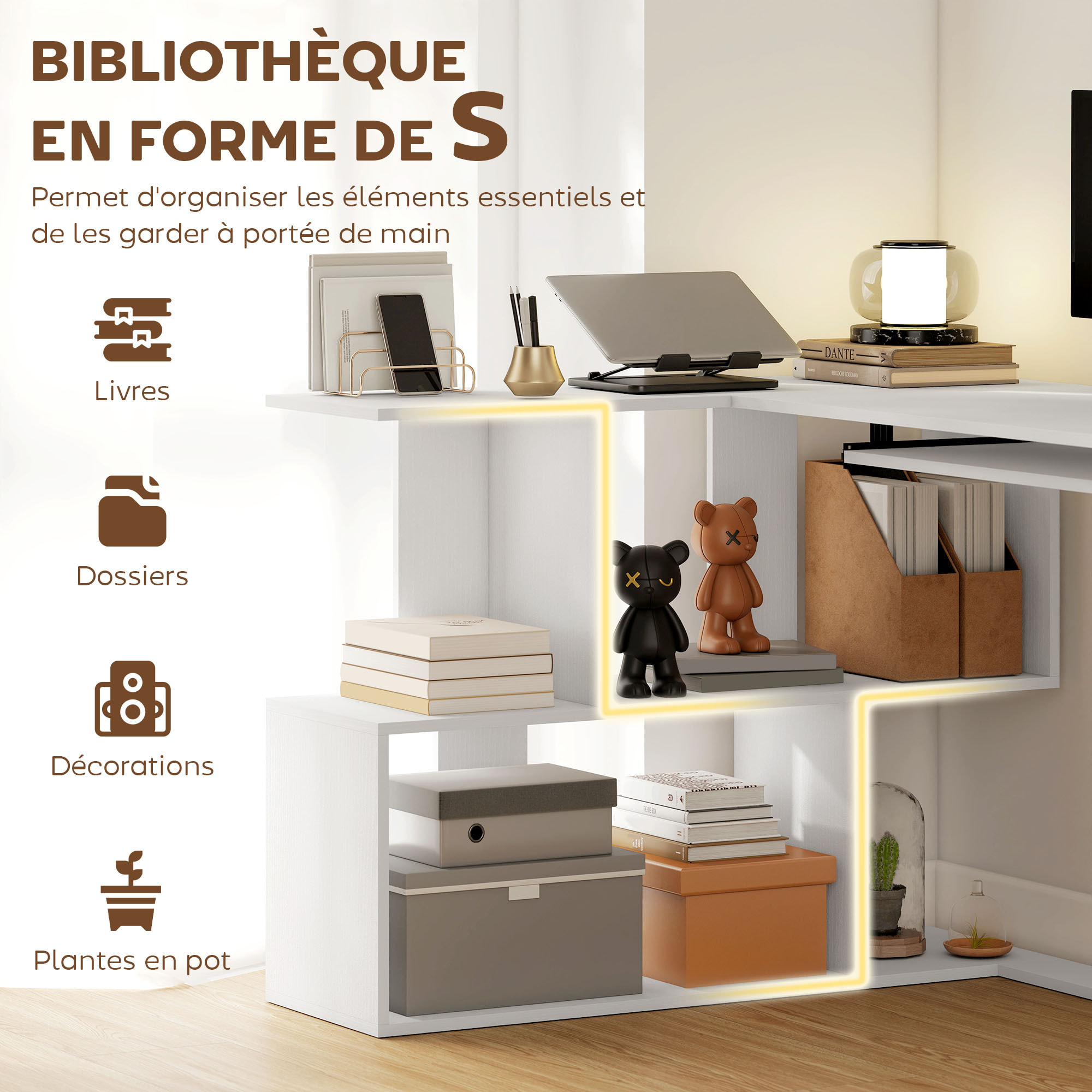 Bureau informatique - bureau d'angle 120 x 100 cm - tablette coulissante clavier, 4 niches - effet bois blanc