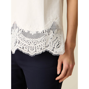 Oltre - T-shirt in cotone con bordo in pizzo - Bianco