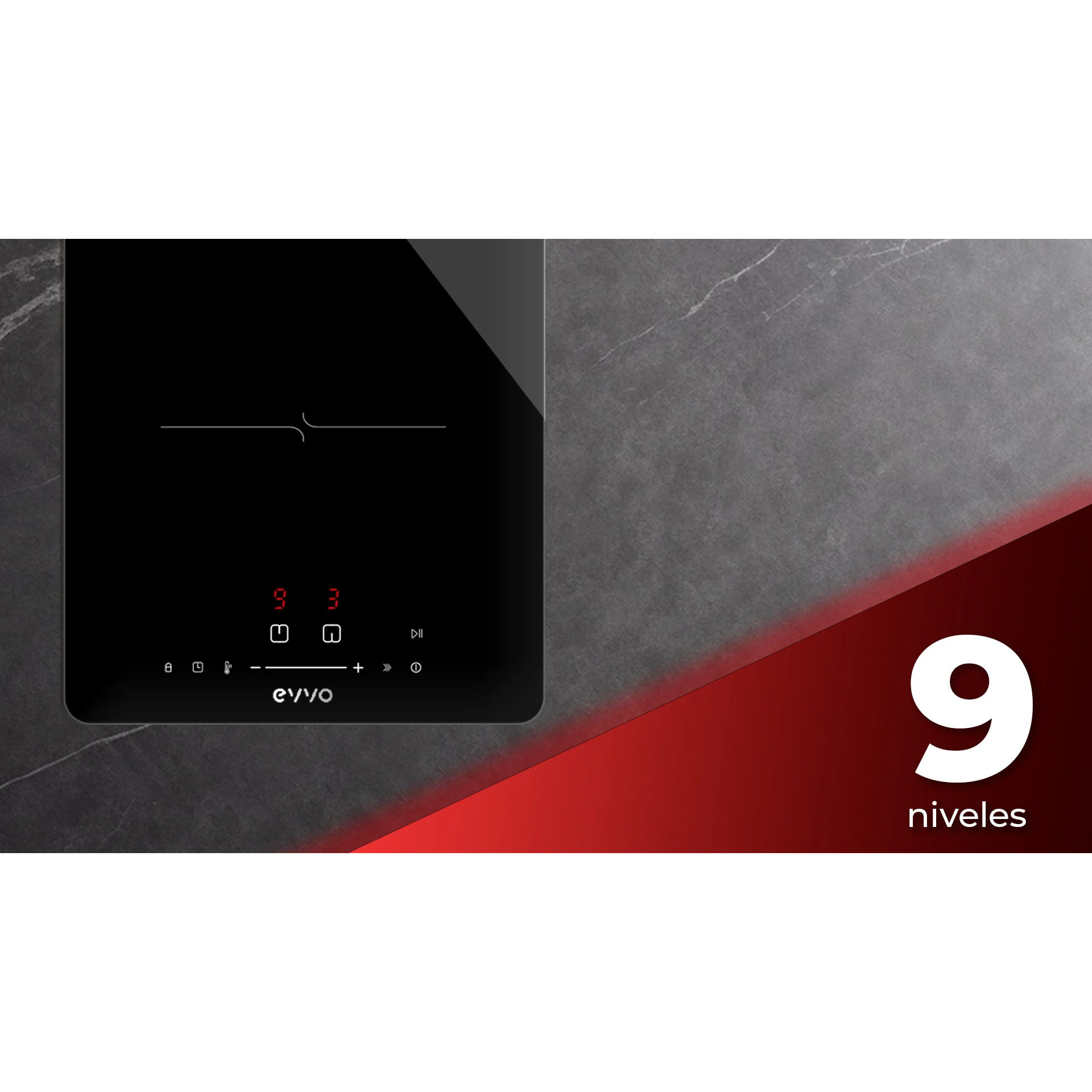 EVVO Placa Vitrocerámica 3 zonas de cocinado V60, Potencia máxima 5.700W, 9 niveles, máx diámetro 30 cm, control táctil, indicador de calor