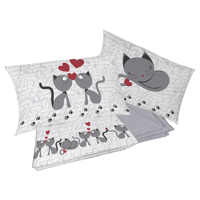 Completo letto gattini grigio 100% cotone