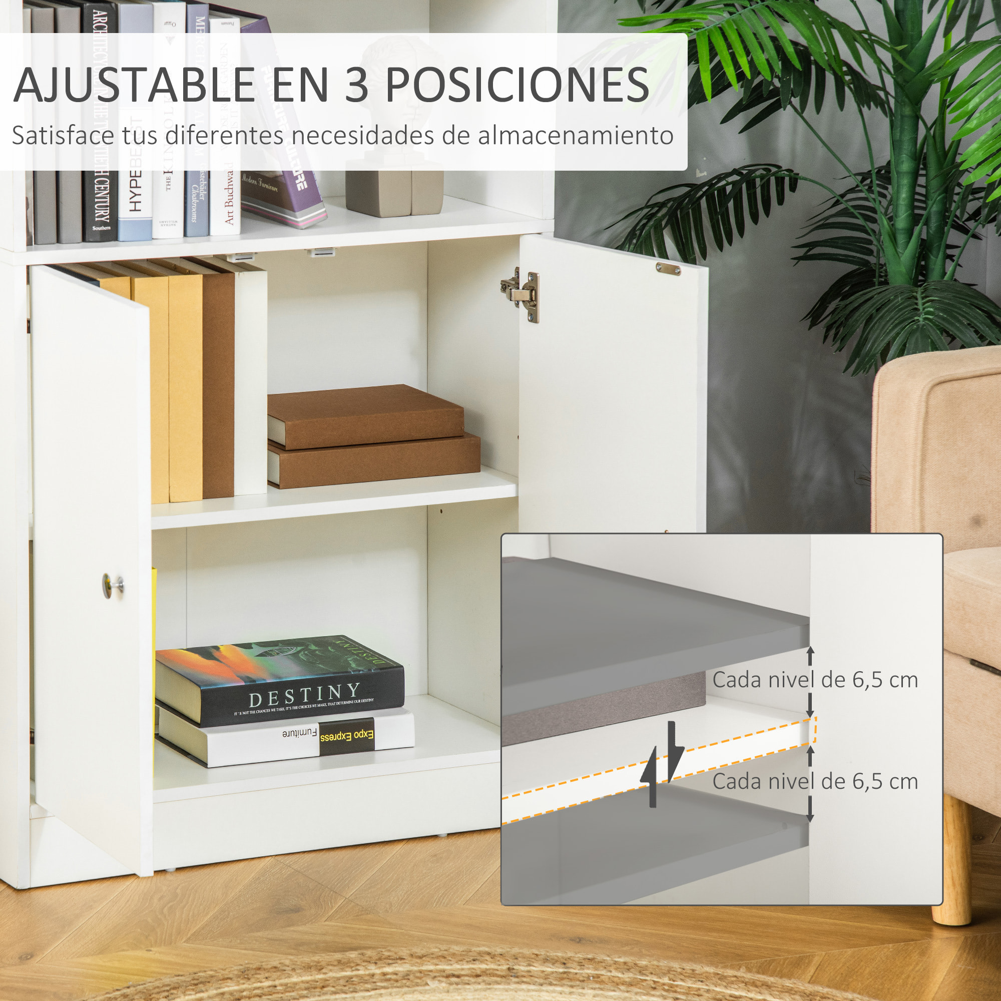 Estantería Librería con 3 Compartimentos Abiertos y 1 Armario con Estante Ajustable Almacenaje para Salón Estudio 70x29,5x167 cm Blanco