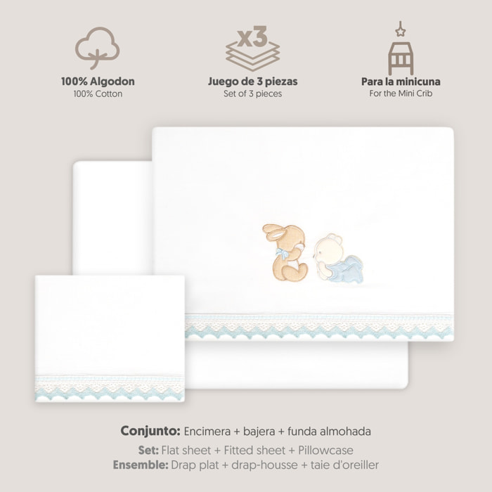 Triptico Minicuna Guipur Oso Tumbado Conejito Bco/Azul
