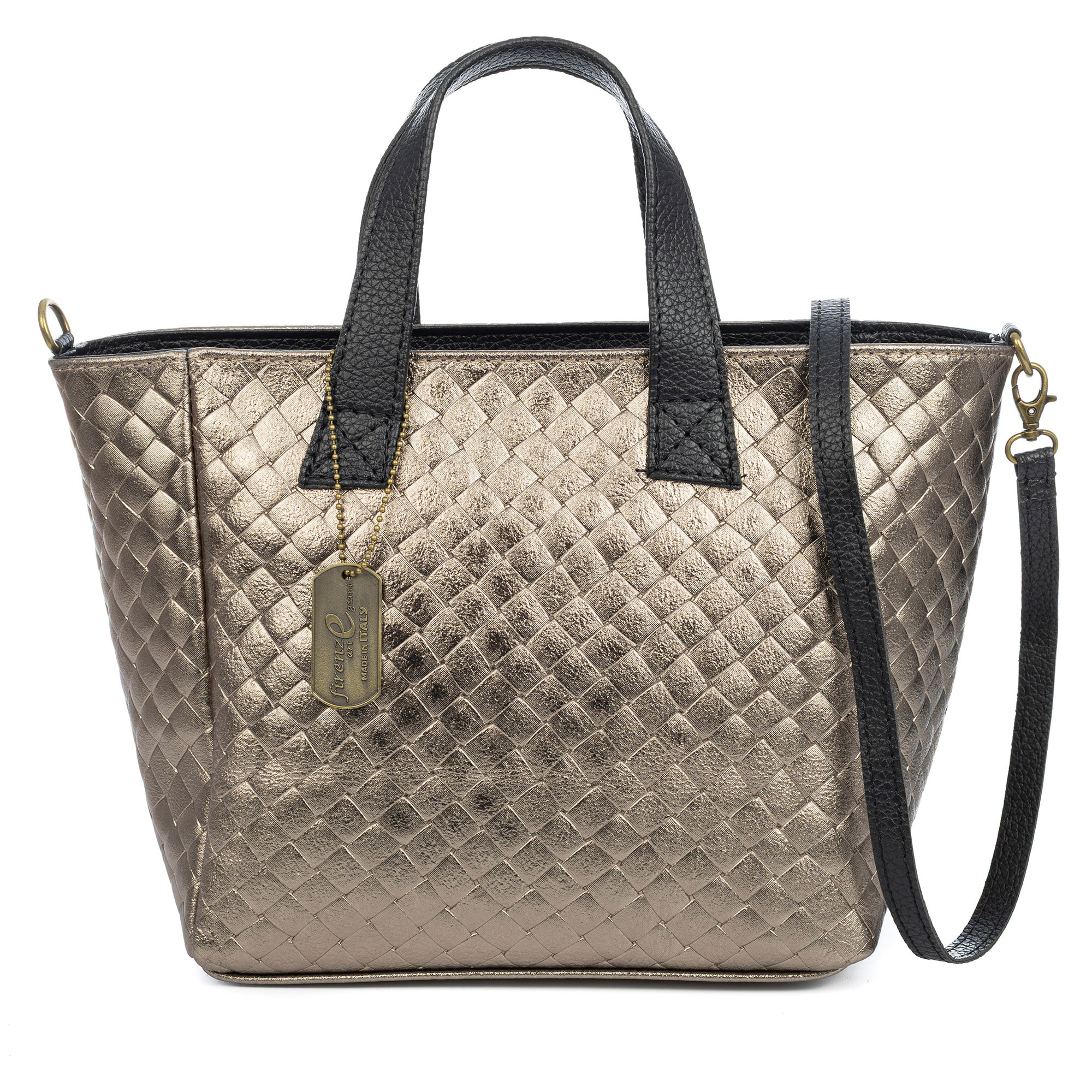 Cassandra borsa tote donna. Pelle scamosciata autentica con incisione intrecciata e lacca lucida.