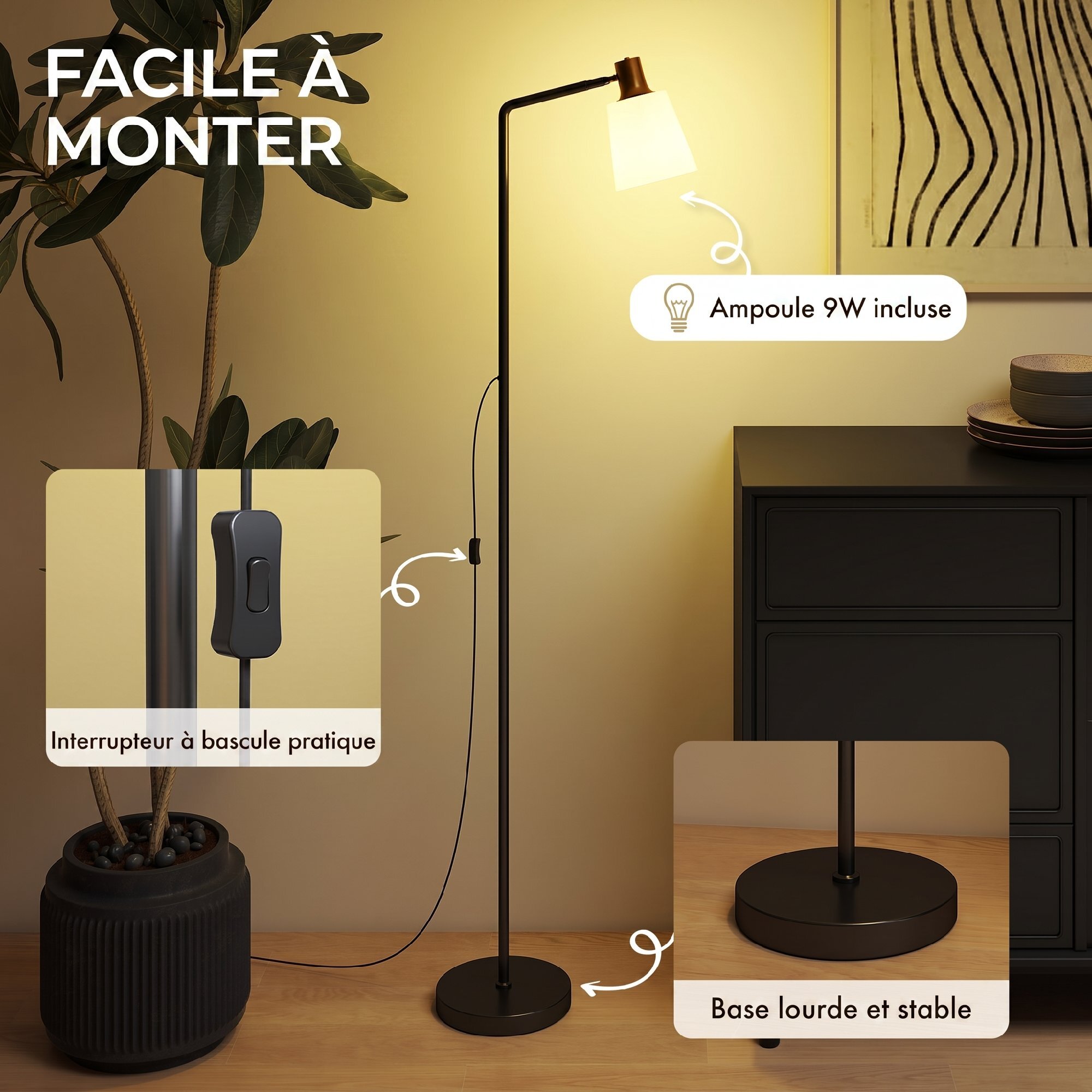 Lampadaire rétro réglable ampoule incluse noir doré